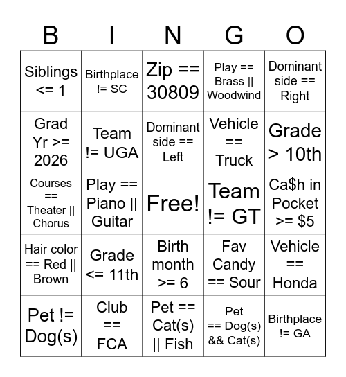 APCSP Boolean Bingo Card