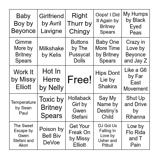 2000s Music Bingo! Bingo Card