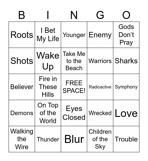 Brooklynn’s Toronto Imagine Dragons Setlist Bingo Card