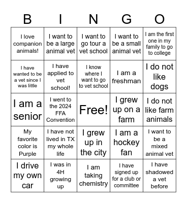 PRE VET BINGO Card