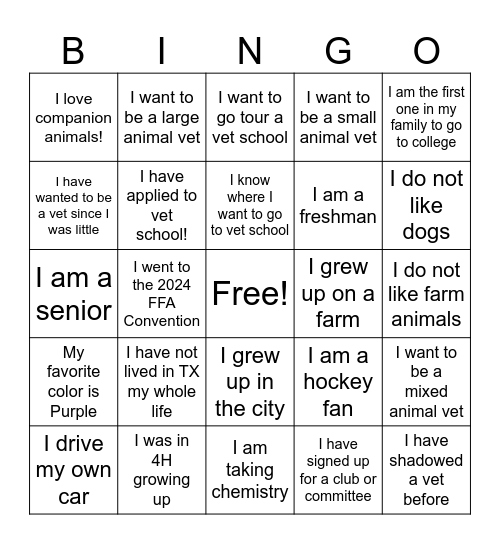 PRE VET BINGO Card