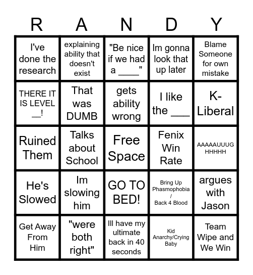 Randingo Bingo Card