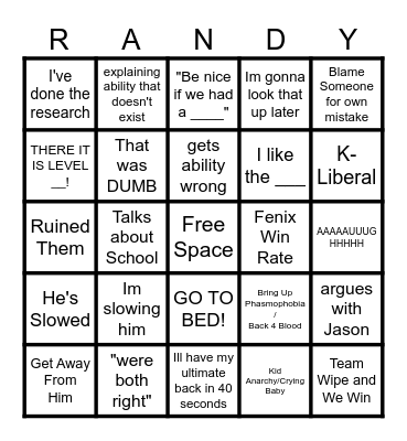 Randingo Bingo Card