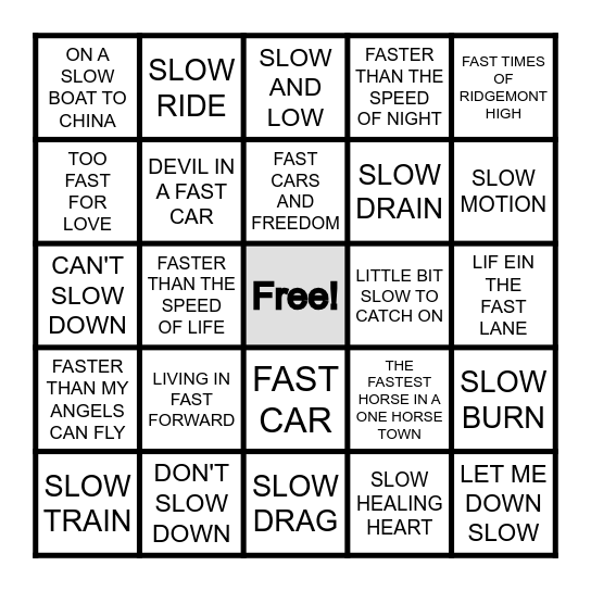 FAST/SLOW Bingo Card