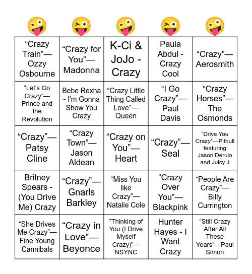 MUSIC BINGO - SONGS WITH THE WORD "CRAZY" IN THE TITLE Bingo Card