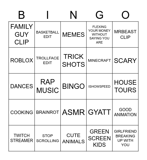 ye old youtube shorts bingo Card