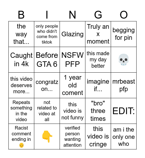 Youtube shorts comment bingo Card