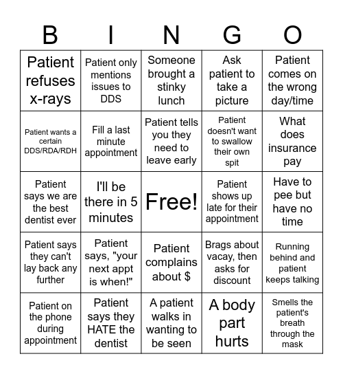 Dental Office Bingo Card