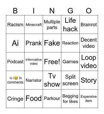 YouTube shorts Bingo Card