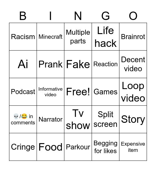 YouTube shorts Bingo Card