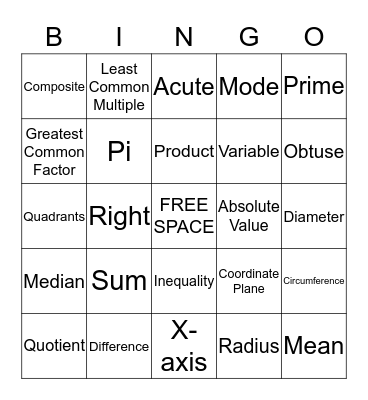Math Bingo Card