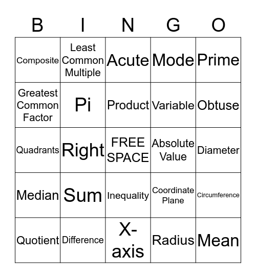 Math Bingo Card