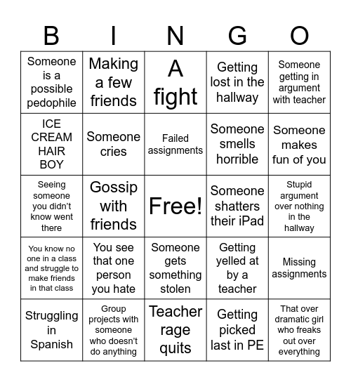 School Bingo Card