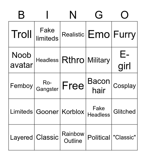 Roblox Avatar Bingo Card