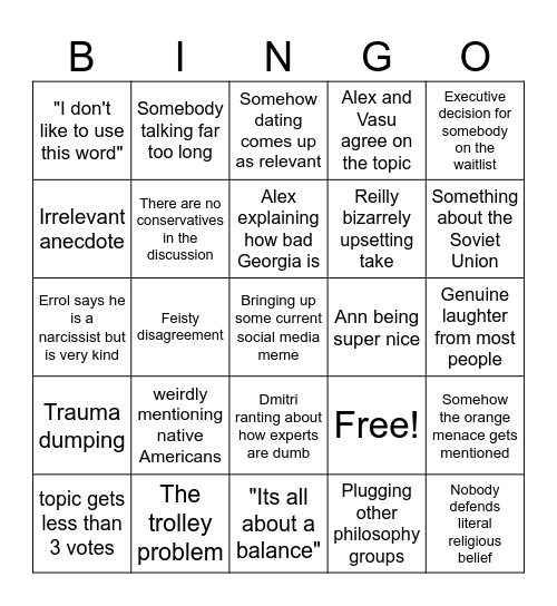 SF Intellectuals Group Bingo Card