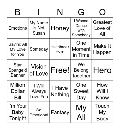 Whitney VS Mariah Bingo Card