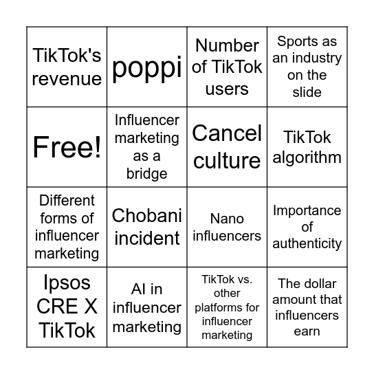 Influencer Marketing Team Meeting Bingo Card