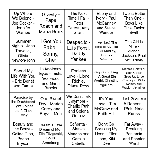 Let’s Duet Bingo Card