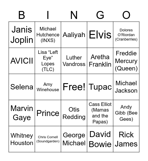 They're Dead Bingo Card