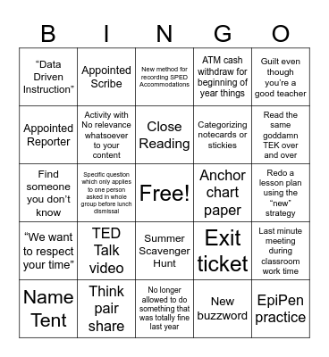 Back to School PD Bingo Card