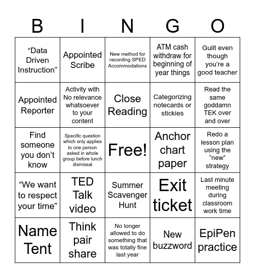 Back to School PD Bingo Card