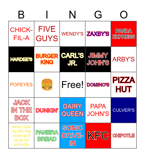 Fast Food Bingo Card