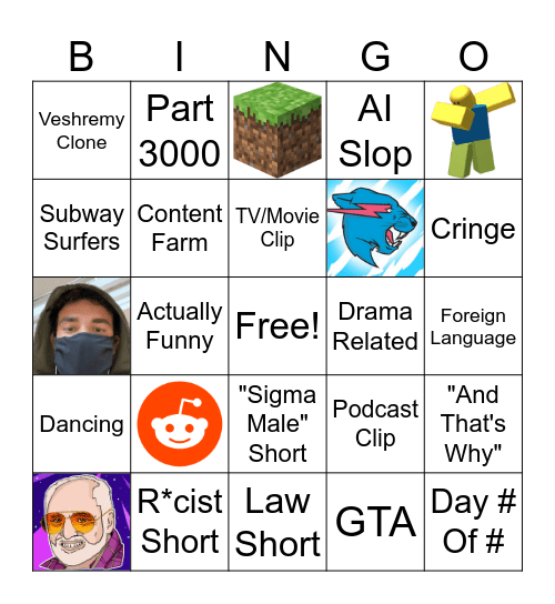 Youtube Shorts Bingo Card