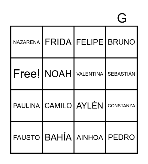 BINGO DE NOMBRES Bingo Card