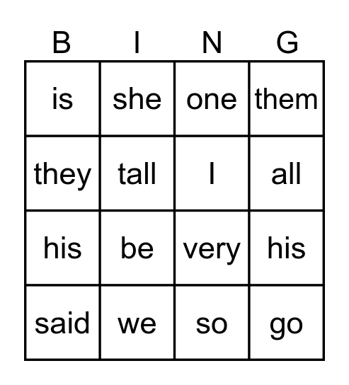 Sight Word Bingo Card