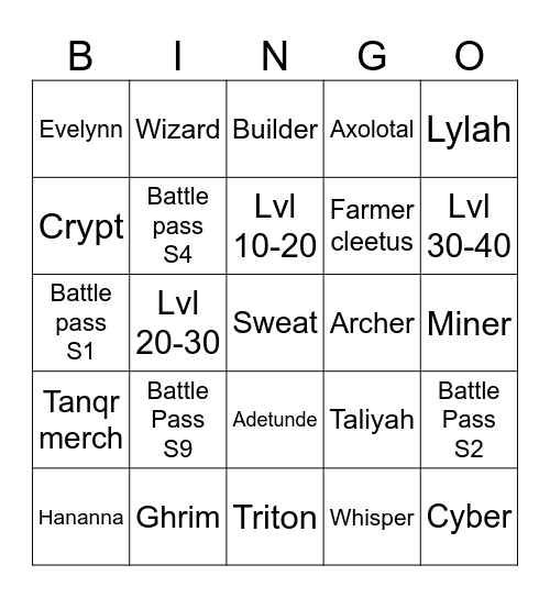 Bedwars Bingo Card