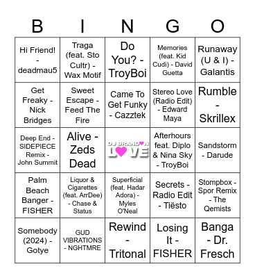 Top 100 EDM Songs All Time Bingo Card