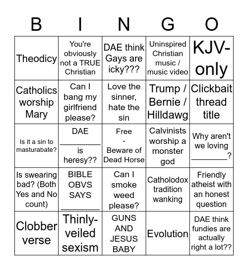 /r/Christianity Bingo Card