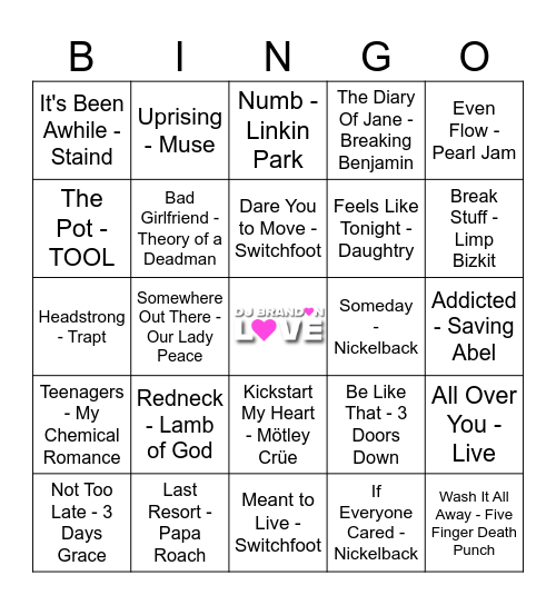 Divorced Dad Rock Music Bingo Card