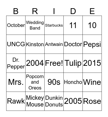 unfaZed Awards Bridal Bingo Card