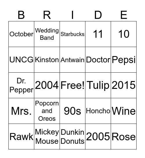 unfaZed Awards Bridal Bingo Card