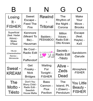 Top 100 EDM Music Bingo Card