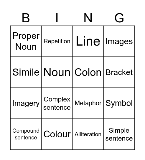 Year 7 English BINGO Card