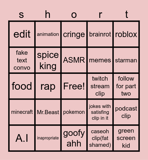 shorts bingo Card