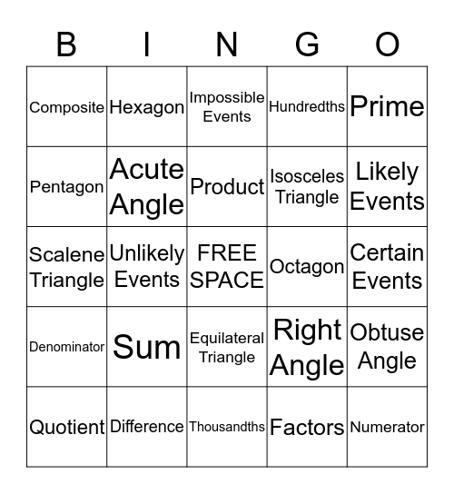 5th Grade Bingo Card