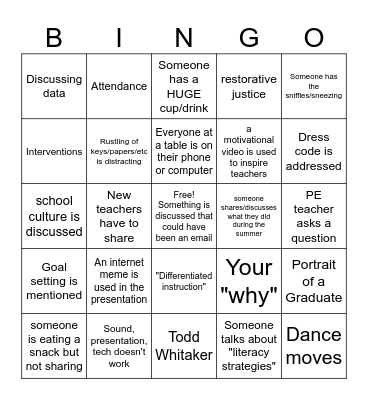 Faculty Meeting/ Back to School Bingo Card