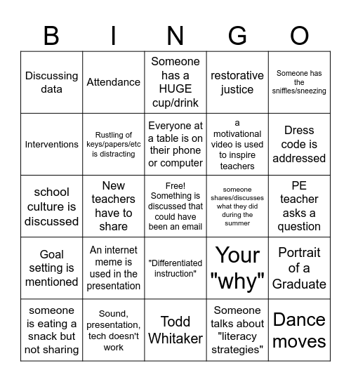 Faculty Meeting/ Back to School Bingo Card