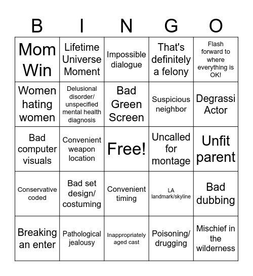 Lifetime Movie Bingo Card