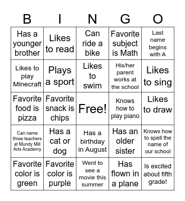 Back to School Bingo Card