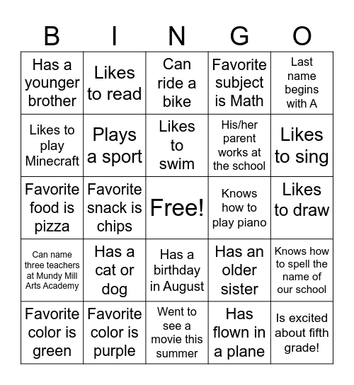 Back to School Bingo Card