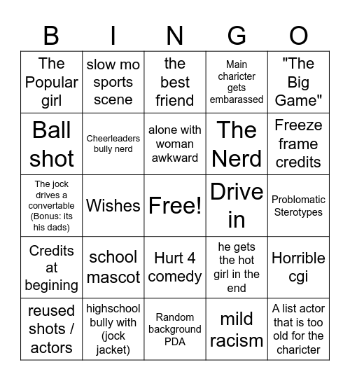 OLD Hoghshcool movie bingo Card