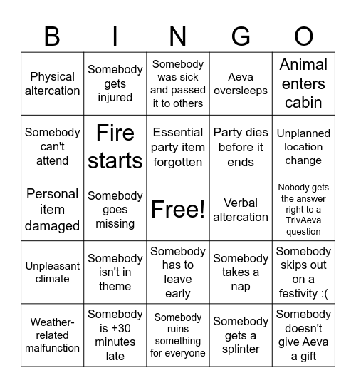 Aeva Bingo Card