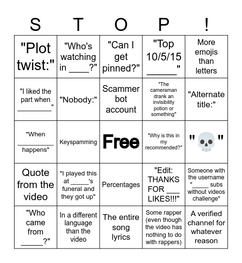 YouTube Comments Bingo Card