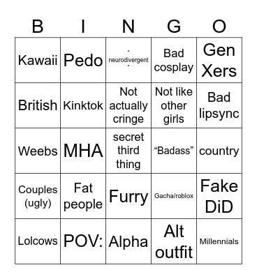 Tik Tok cringe comp Bingo Card