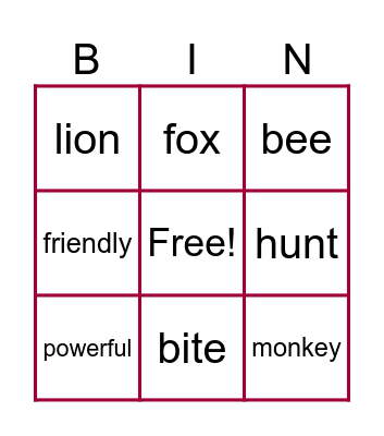 Unit 6- Animals Bingo Card