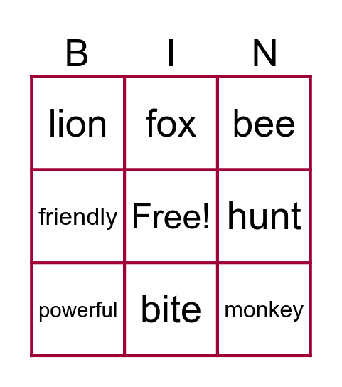 Unit 6- Animals Bingo Card